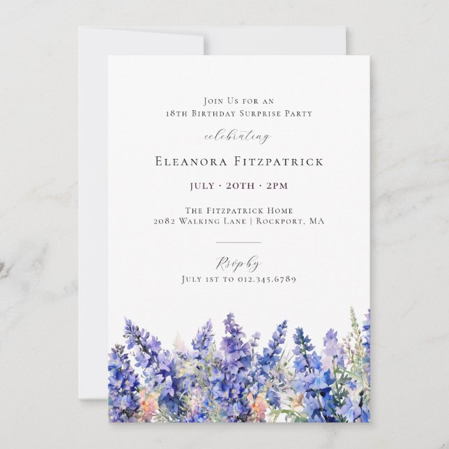 Invitación Fiesta SURPISE 18º cumpleaños Flor azul de julio d (Anverso)