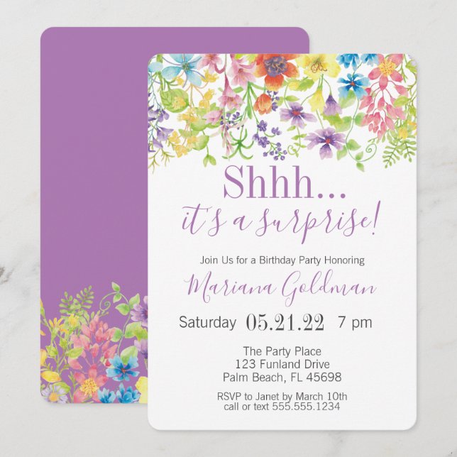 Invitación Fiesta Surprise Birthday Purple Wildflowers (Anverso / Reverso)