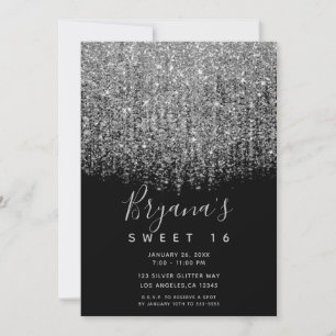 Invitación Fiesta Sweet 16 Brillante Plateado y Negro con Gli