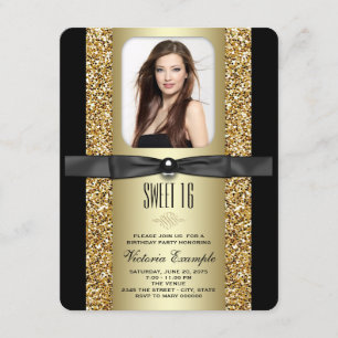 Invitación Fiesta Sweet 16 Brillo Negro y Dorado