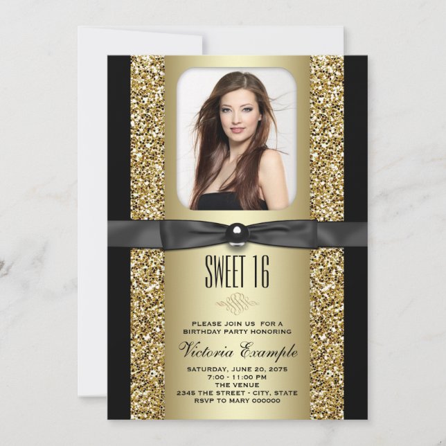 Invitación Fiesta Sweet 16 con brillo negro y dorado (Anverso)