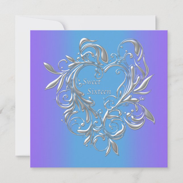Invitación Fiesta Sweet 16 Corazón Turquesa Púrpura (Anverso)