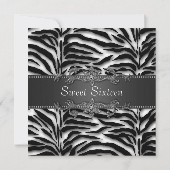 Invitación Fiesta Sweet 16 de Cebra Negra (Anverso)