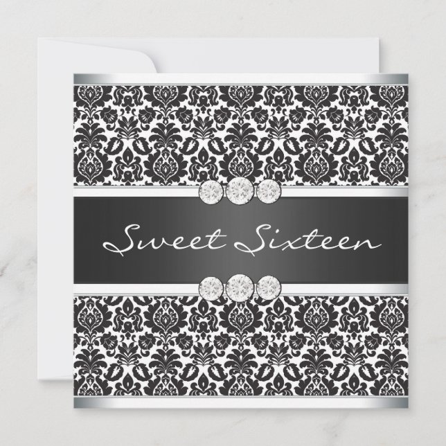 Invitación Fiesta Sweet 16 de Damasco Negro Blanco (Anverso)