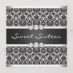 Invitación Fiesta Sweet 16 de Damasco Negro Blanco
