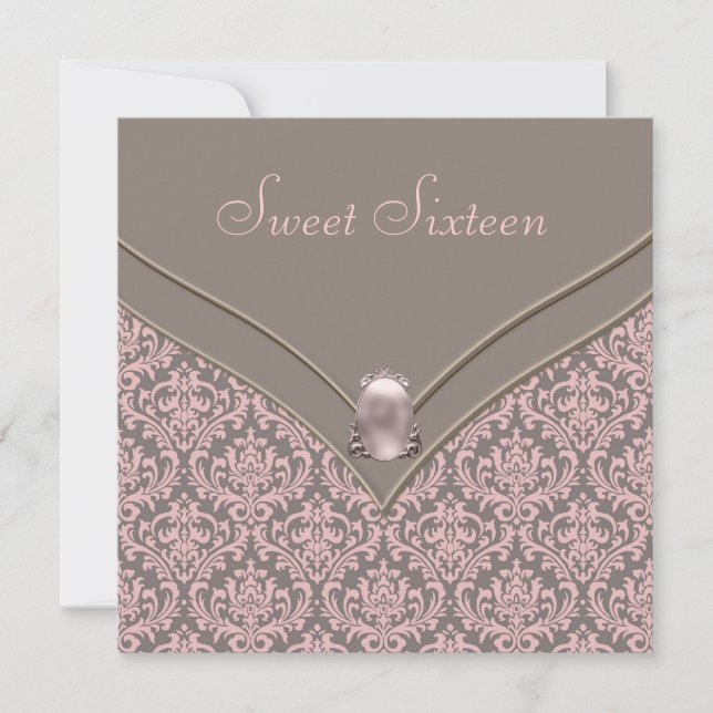 Invitación Fiesta Sweet 16 de Damasco Rosa Marrón (Anverso)