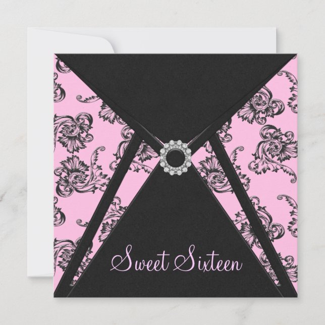 Invitación Fiesta Sweet 16 de Damasco Rosa Negro (Anverso)