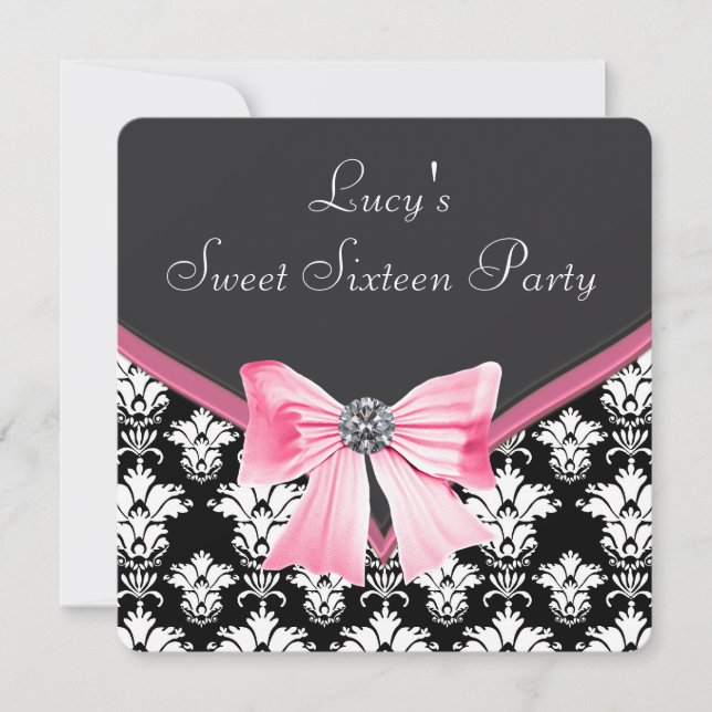 Invitación Fiesta Sweet 16 de Damasco Rosa Negro (Anverso)