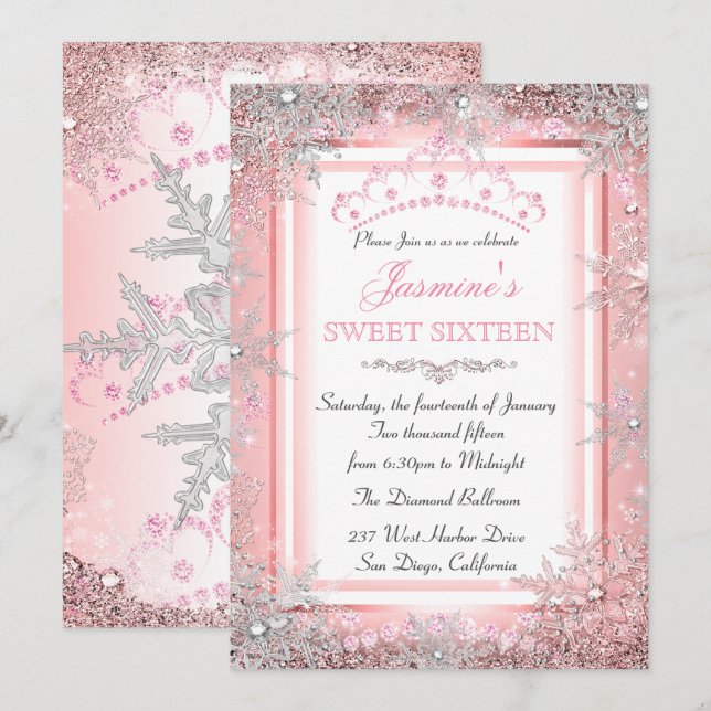 Invitación Fiesta Sweet 16 de invierno mágico rosa plateado (Anverso / Reverso)