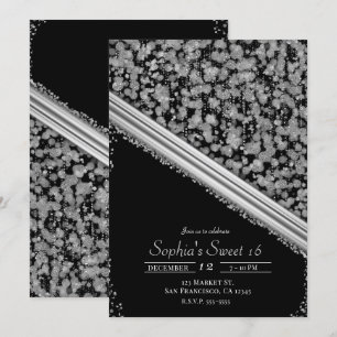 Invitación Fiesta Sweet 16 elegante plateada y negra