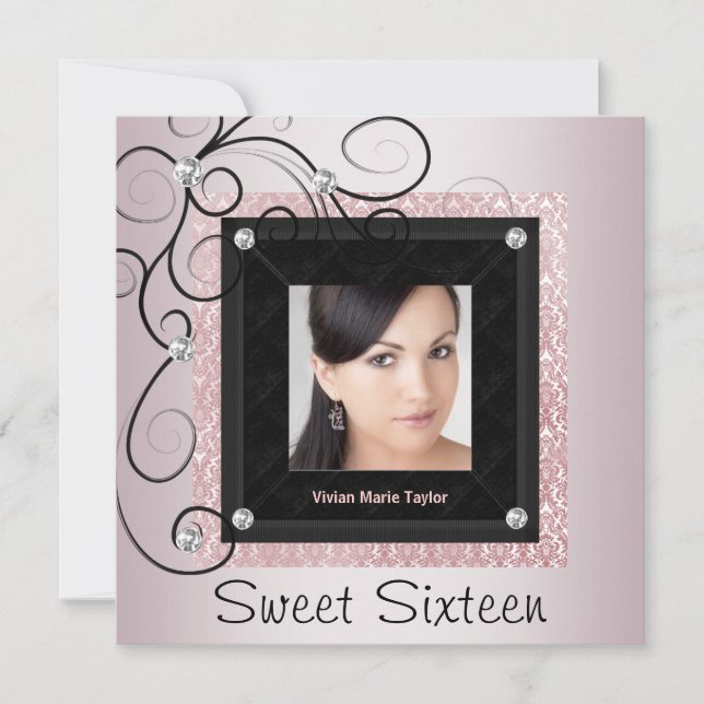 Invitación Fiesta Sweet 16 Foto Damasco Negro Rosa (Anverso)