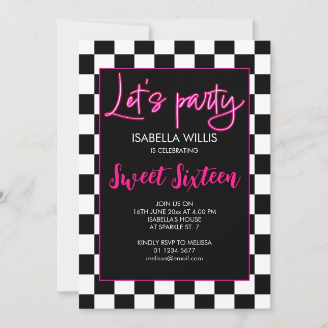 Invitación Fiesta Sweet 16 foto de Black White Lets con cuadr (Anverso)