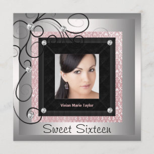 Invitación Fiesta Sweet 16 Foto Rosa Plata Negro Damask