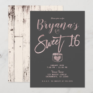 Invitación Fiesta Sweet 16 Glam Rústico Rosa Dorado Gris Rosa