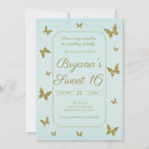 Invitación Fiesta Sweet 16 Mariposa Brillo Azul y Dorado
