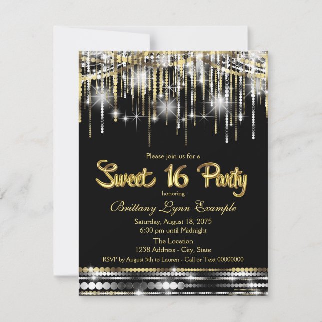Invitación Fiesta Sweet 16 Negra y Dorada (Anverso)