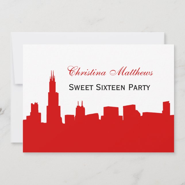 Invitación Fiesta Sweet 16 Silueta Roja del Horizonte de Chic (Reverso)