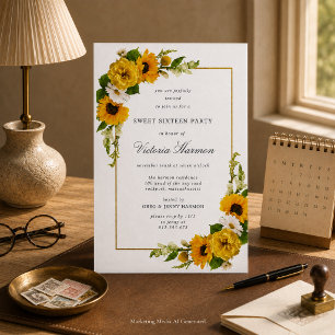 Invitación Fiesta Sweet 16 Sunflower Dorado Marco