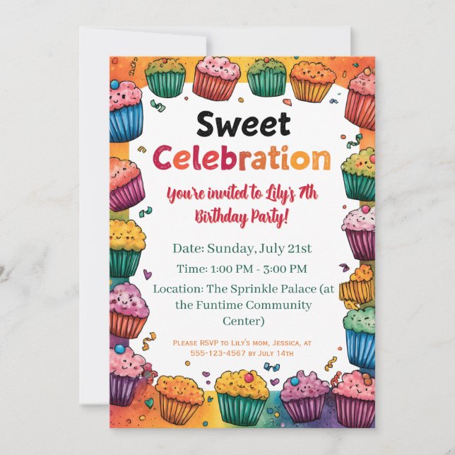 Invitación fiesta "Sweet Celebration" con pasteles coloridos (Anverso)
