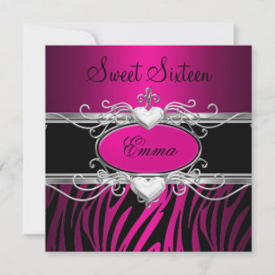 Invitación Fiesta Sweet Sixteen 16 Plata Rosa Leopardo Negro