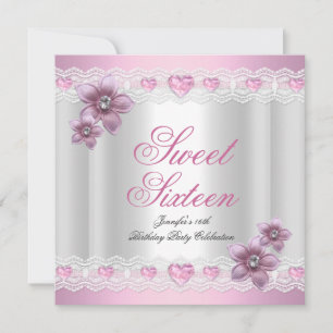 Invitación Fiesta Sweet Sixteen 16 Rosa Plateado Flor Rosa