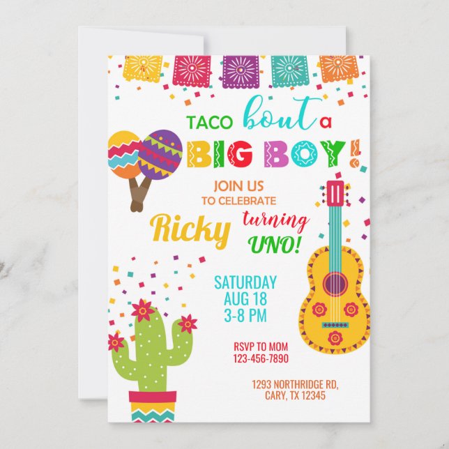 Invitación Fiesta taco bout a big boy birthday invitation. (Anverso)