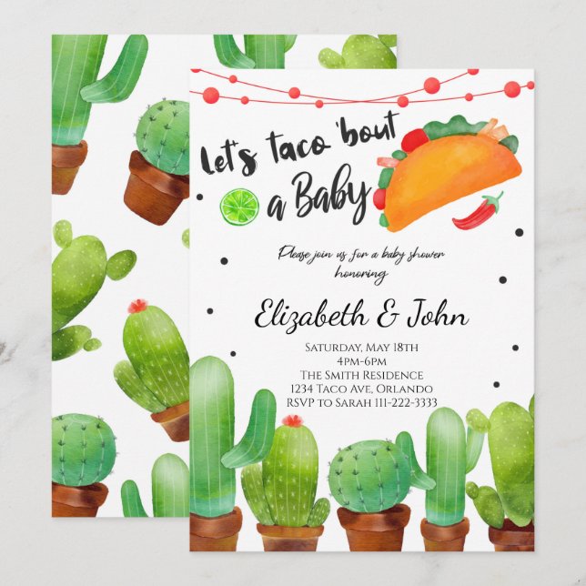 Invitación Fiesta Taco Bout Baby Watercolor Cactus Invite (Anverso / Reverso)