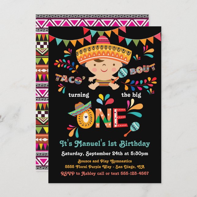 Invitación Fiesta Taco mexicano sobre un primer cumpleaños (Anverso / Reverso)