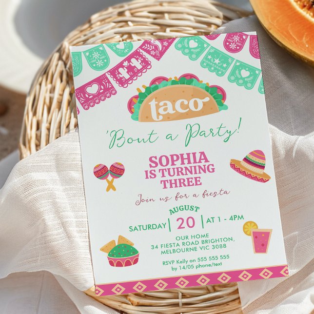 Invitación Fiesta Taco Rosa Moderno Sobre Un Cumpleaños Fiest (Taco 'bout a Party Birthday Invitation Template Girl, Taco  Fiesta Birthday Invitation, Mexican)