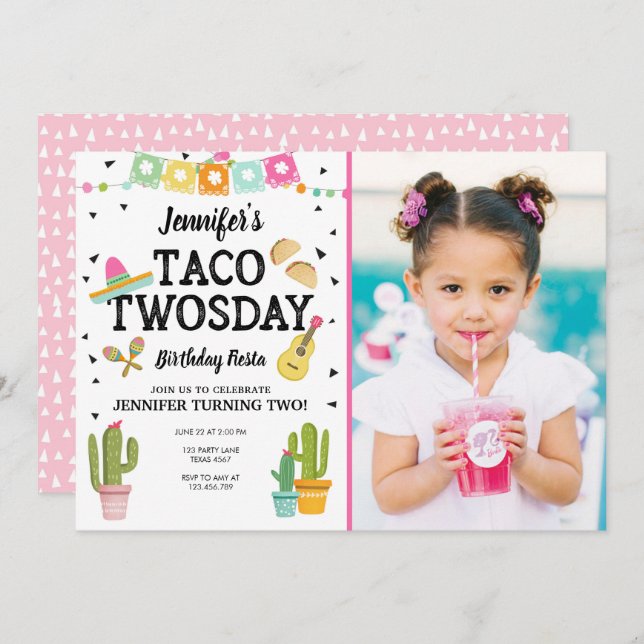 Invitación Fiesta Taco Twosday Cactus Chica Fiesta de cumplea (Anverso / Reverso)