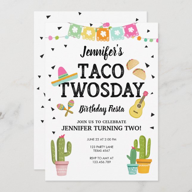 Invitación Fiesta Taco Twosday Cactus Chica Fiesta de cumplea (Anverso / Reverso)