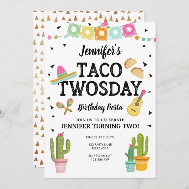 Invitación Fiesta Taco Twosday Cactus Chica Fiesta de cumplea (Anverso / Reverso)