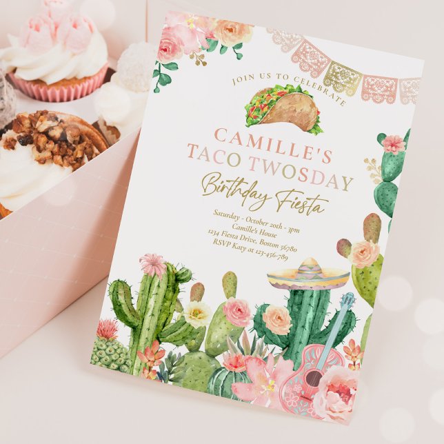Invitación Fiesta Taco Twosday Watercolor Cactus 2º cumpleaño (Subido por el creador)