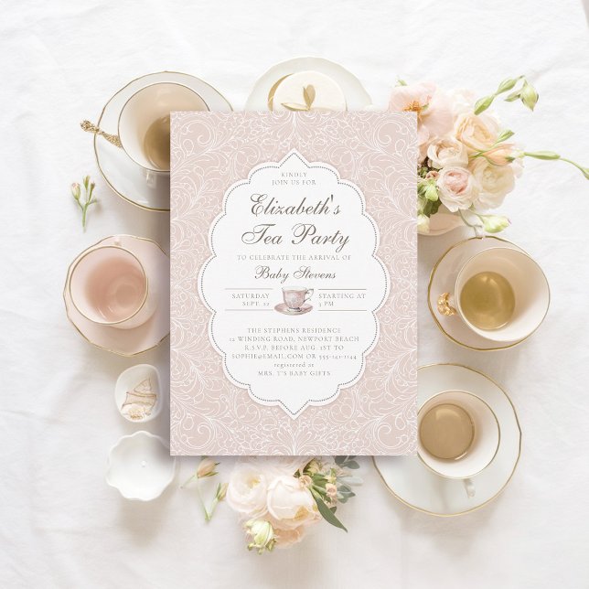 Invitación Fiesta Tea Elegant Lace Peach Chica Rosa Baby Show (girl baby tea party shower invitation elegant frame modern classic lace peach pink white brewing)