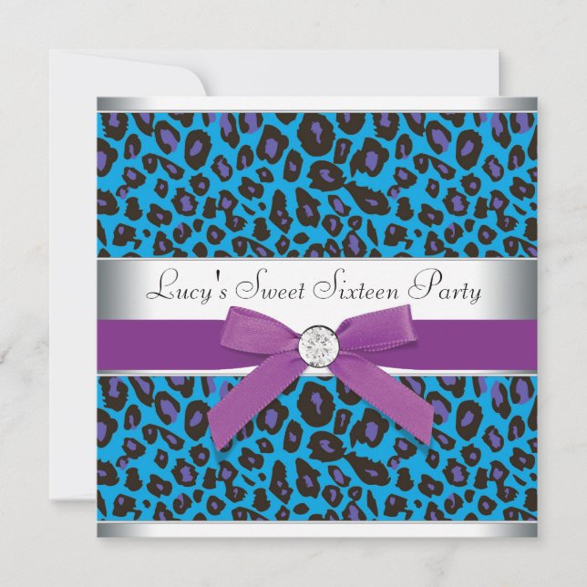 Invitación Fiesta Teal Purple Leopard Sweet 16 (Anverso)