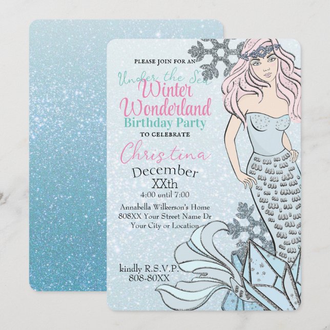 Invitación Fiesta tema de Princesa Sirena Congelada de Invier (Anverso / Reverso)
