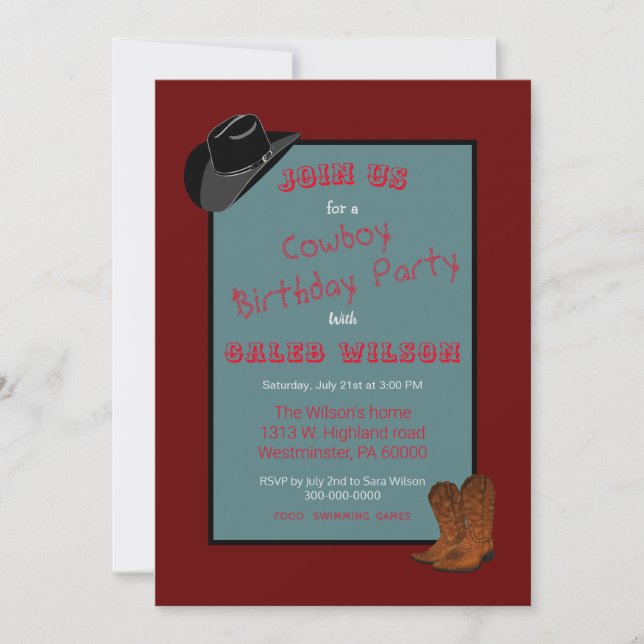 Invitación Fiesta temática de Cowboy (Anverso)