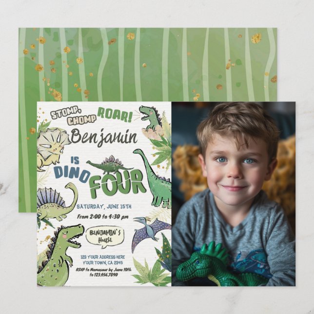 Invitación Fiesta temática de dinosaurios por cuarto cumpleañ (Anverso / Reverso)