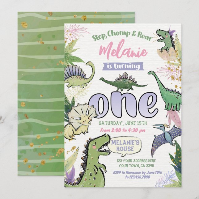 Invitación Fiesta temática de dinosaurios Primer cumpleaños (Anverso / Reverso)