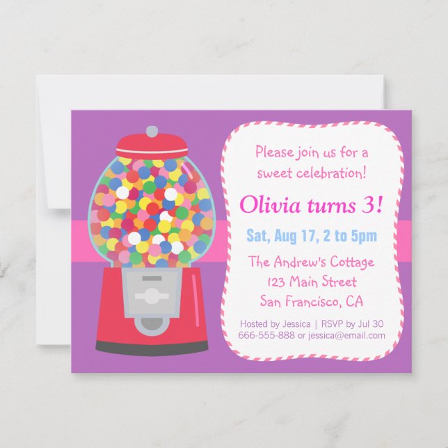 Invitación Fiesta temática de dulces con máquina de chicles c (Anverso)