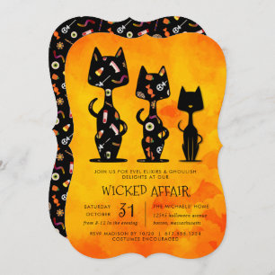 Invitación Fiesta temática de gato de Halloween, asunto malva