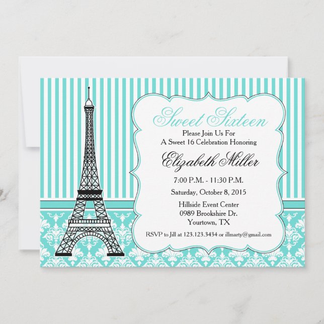 Invitación Fiesta temática de la Torre Eiffel de París en azu (Anverso)