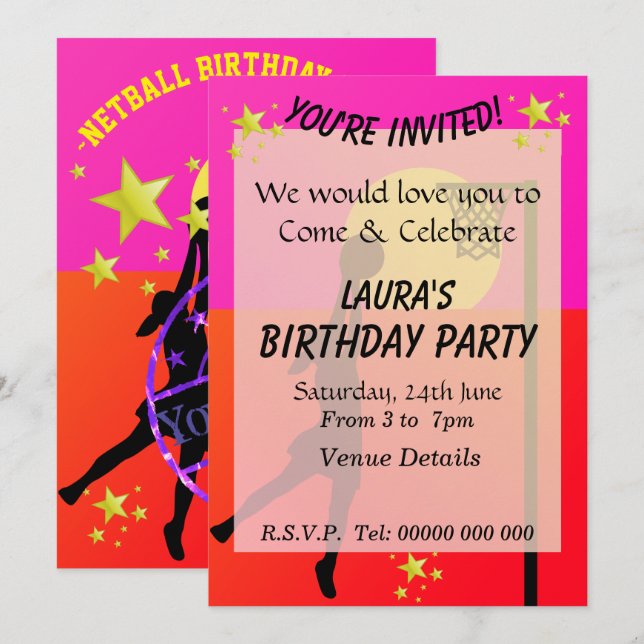 Invitación Fiesta temática de netball deportiva (Anverso / Reverso)