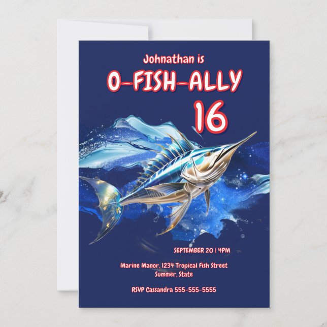 Invitación Fiesta temática de niños de pesca de marlín en alt (Anverso)