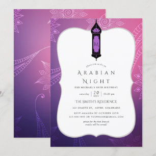 Invitación Fiesta temática de Noches Árabes con tonos púrpura