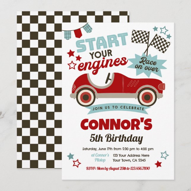 Invitación Fiesta temática de Race Car (Anverso / Reverso)