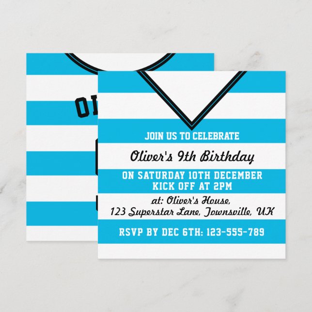 Invitación Fiesta temática de Soccer Jersey invita a plantill (Anverso / Reverso)