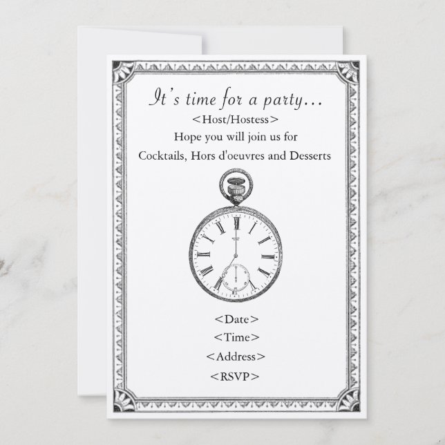 Invitación Fiesta temática de tiempo y reloj (Anverso)
