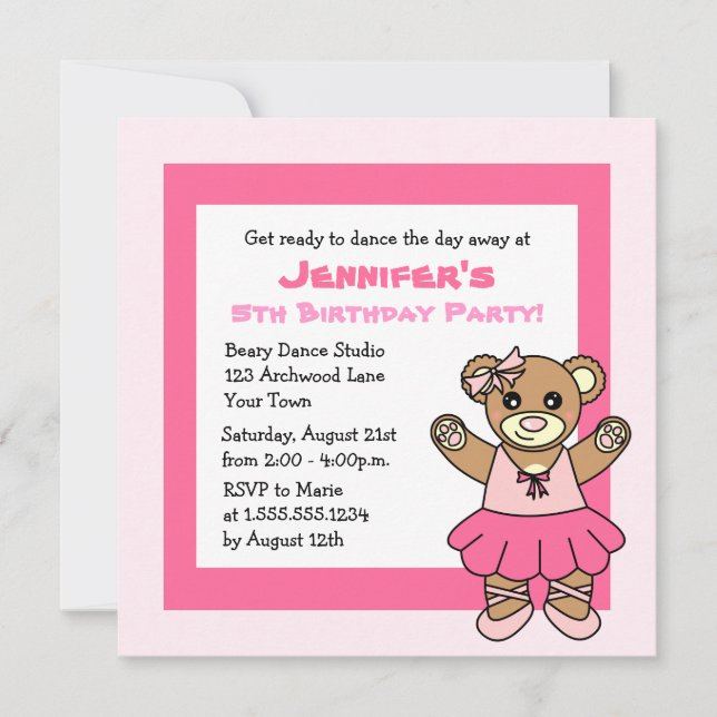 Invitación Fiesta temática del oso de peluche (Anverso)