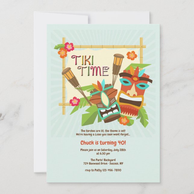 Invitación Fiesta Tiki Hawaiana (Anverso)